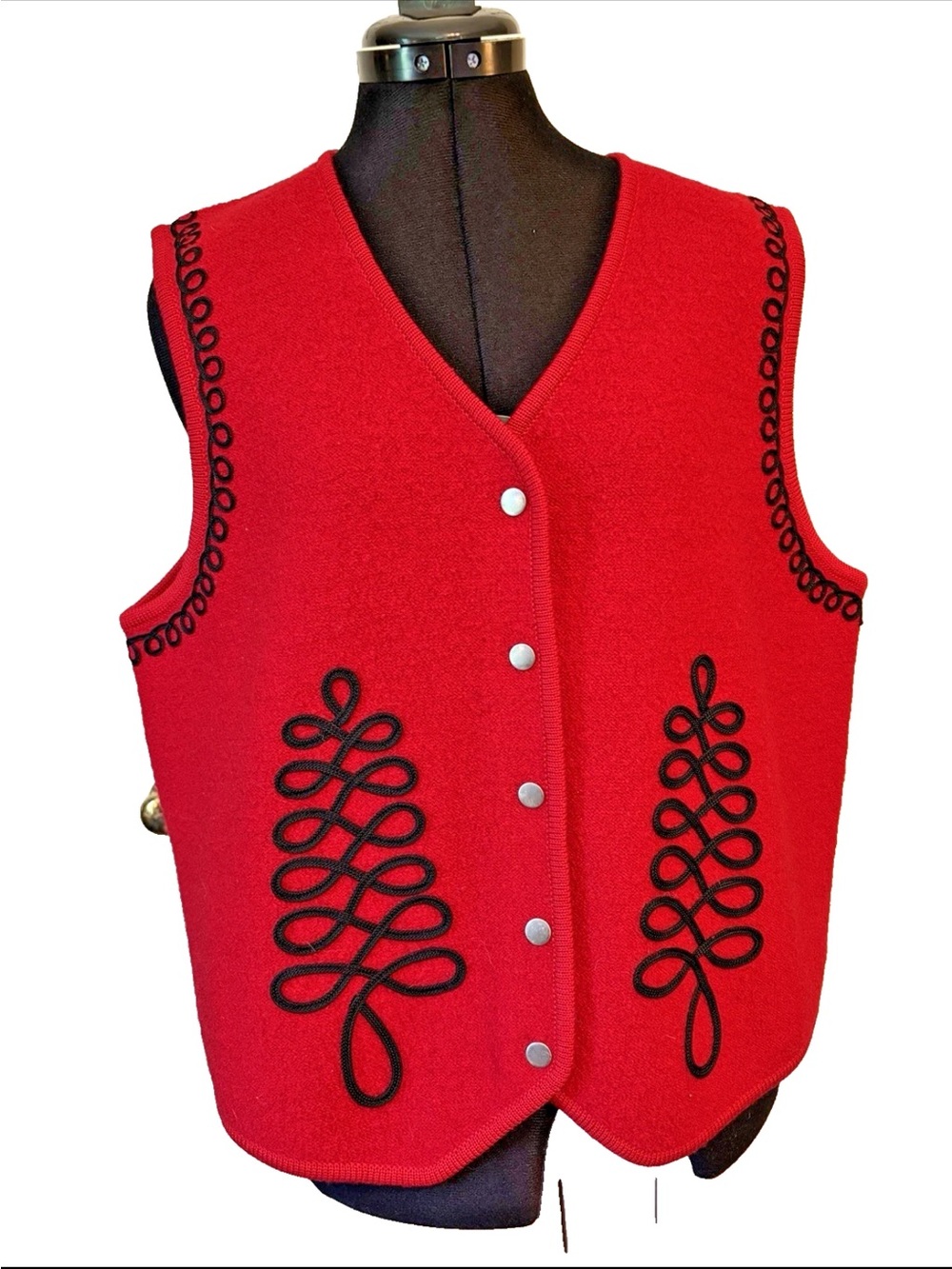 Cambridge Dry Goods Wool Vest XL Red w/ Black Soutache Trim Folk Alpine Holiday
